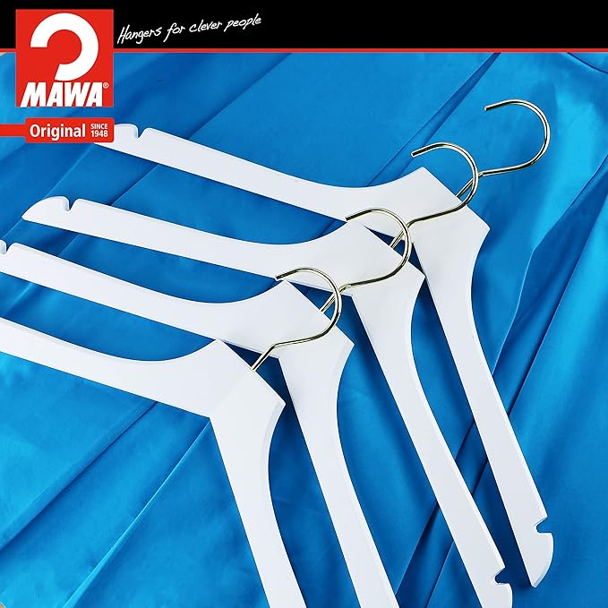 MAWA by Reston Lloyd, European Wooden Hanger, Beech Wood Straight Hanger with Shoulder Notches, Rotating Gold Hook, White Finish, for Shirts, Blazers, Dress Clothes, Set of 5 (27135)