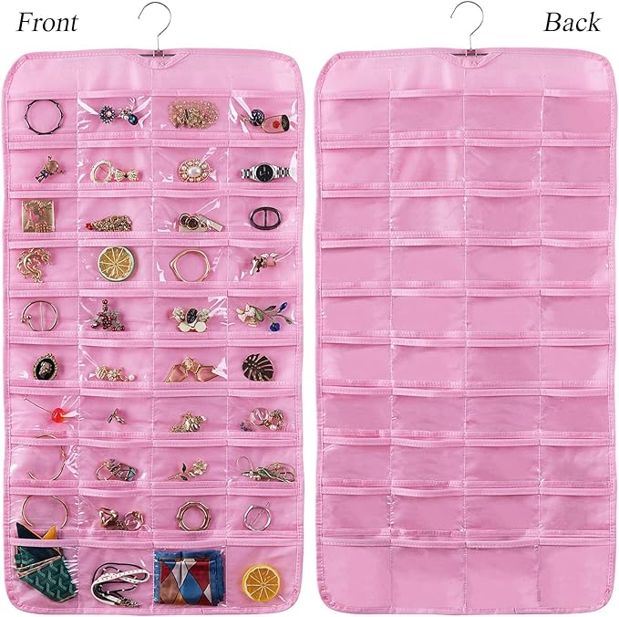 Bloss Hanging Jewelry Organizer, Earring Organizer, Valentine's Day Gift, Double Sided 80 Pocket Jewelry Chain Storage Bag, Jewelry Holder for Necklace Bracelet Earring Ring Chain