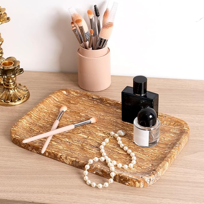 Karibiber Natural Marble Vanity Tray, 11.8" Travertine/Stone Bathroom Tray Countertop, Golden Stone for Perfume Jewelry Holder, Decorative Dresser Organizer, Storage for Kitchen Sink(Walnut Traver)