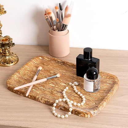 Karibiber Natural Marble Vanity Tray, 11.8" Travertine/Stone Bathroom Tray Countertop, Golden Stone for Perfume Jewelry Holder, Decorative Dresser Organizer, Storage for Kitchen Sink(Walnut Traver)