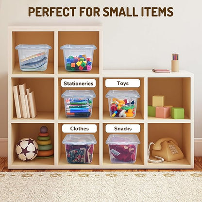 GAMENOTE 6 Quart Storage Bins with Lids, Plastic Latching Box for Classroom & Kids Toy Storage,Stackable Shoe Box Size Containers for STEM Morning Tubs, Crafts & Building Blocks (12, Clear)