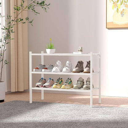 ROMGUAR CRAFT 3 Tier Bamboo Shoe Rack for Closet Free Standing Wood Shoe Shelf Storage Organizer for Entryway Small Space Stackable 27"x11"x20" (White)