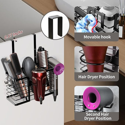 YIGII Hair Dryer Holder, 3 in 1 Hair Tools Organizer Blow Dryer Holder Adjustable Height Cabinet Door/Wall Mounted Bathroom Organizer and Storage for Hair Dryer, Flat Irons, Curing Wands