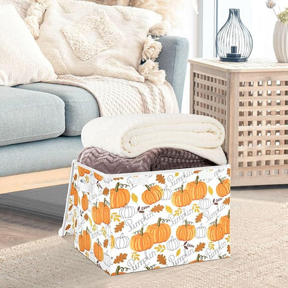 senya Thanksgiving Baskets Collapsible Storage Bins with Lids, Pumpkin Leaf Fall Autumn Thanksgiving Storage Boxes Clothes Baskets for Organizing