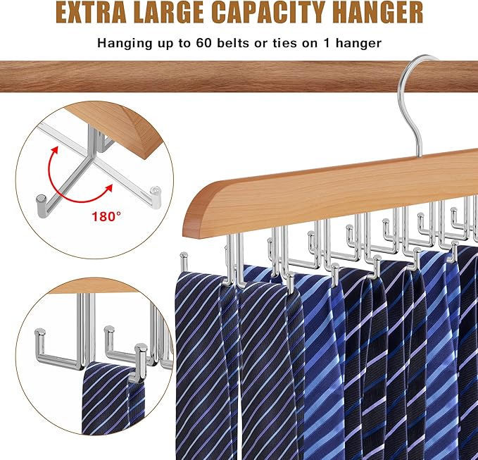Tie Rack Hanger for Closet, 2 in 1 Belt Tie Hangers with 20 Folding Hooks, 360 Degree Rotating Wooden Tie Holder Organizer for Men Ties Belts Scarves Tank Tops Accessories, Wood (2 Pack)