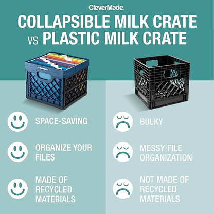 CleverMade Collapsible Milk Crate 25L (6.6 Gal) 3 Pack, 50 lb Capacity Heavy Duty Folding Crate – Stackable Storage Crates with File Rails, Plastic Collapsible Crates - Obsidian
