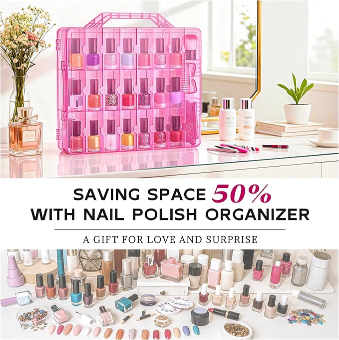 DreamGenius Nail Polish Organizer Case for 48 Bottles with 2 Nail Separators, Double Side Gel Nail Polish Holder with Adjustable Dividers, Pink