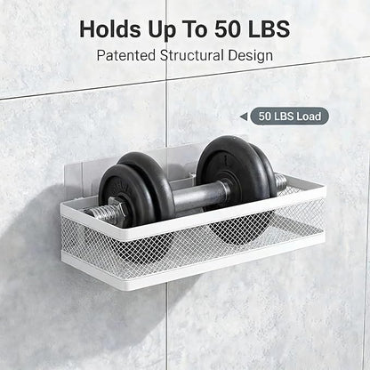 PUSDON Mesh Shower Caddy Wall Mount, Heavy Duty Adhesive Bathroom Shelf Organizer, Rustproof Floating Spice Rack for Kitchen Pantry, Holds 50 LBS, Multi-Purpose Storage White-2 Packs (Netting)