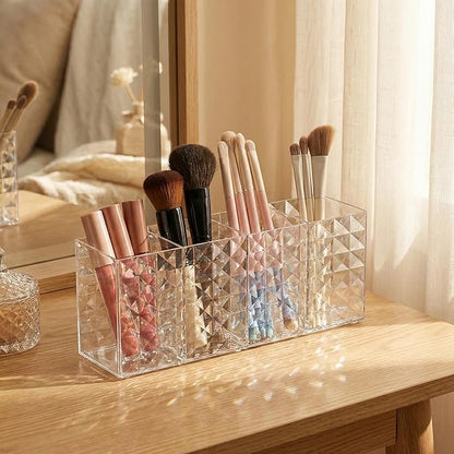 Acrylic Makeup Brush Organizer, 4 Compartment Cosmetic Brush Storage Holder, Desktop Vanity Makeup & Pen Holders