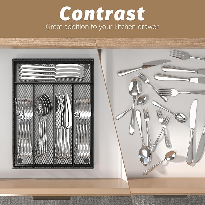 Sedegn Silverware Organizer Metal Mesh, Small Drawer Organizer, Utensil Cutlery Tray for kitchen drawers, Flatware Organizer with 5 Compartment, Black(9.3"*12.6")