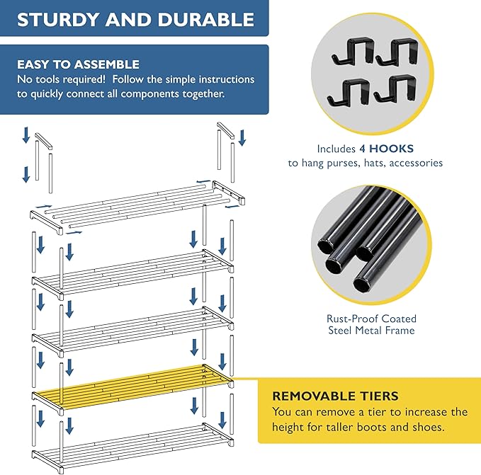 Sundaze Shoe Rack - 5 Tier Metal Shoe Rack for Front Door Entrance, Sturdy Long Shoe Organizer for Closet, Bedroom, Entryway, Garage, Black Metal Shoe Shelf, Holds Up to 25 Pairs