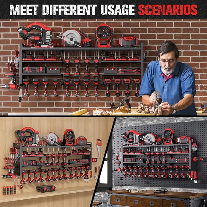 49.8" W Super Large Power Tool Organizer Wall Mount,4-Layer Heavy Duty Tool Storage with 18 Cordless Drill Holder,600 lb Capacity Garage Organization for Garage and Workshop (Black)