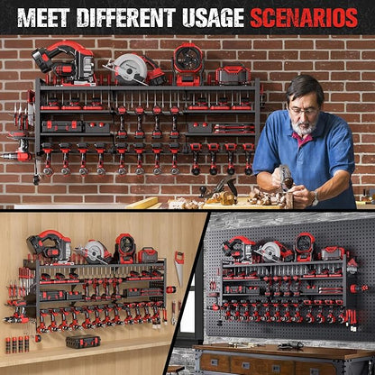 49.8" W Super Large Power Tool Organizer Wall Mount,4-Layer Heavy Duty Tool Storage with 18 Cordless Drill Holder,600 lb Capacity Garage Organization for Garage and Workshop (Black)