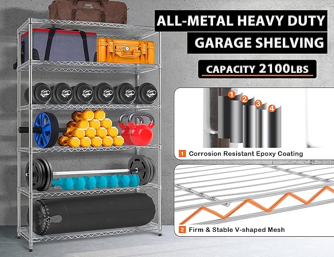 72" Storage Shelves Heavy Duty Shelving Loads 500/2100Lbs, 6 Tier Metal Utility Shelf Rack, Wide Garage Shelving, Adjustable Storage Shelves for Garage Basement Warehouse