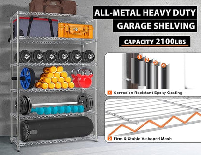 72" Storage Shelves Heavy Duty Shelving Loads 500/2100Lbs, 6 Tier Metal Utility Shelf Rack, Wide Garage Shelving, Adjustable Storage Shelves for Garage Basement Warehouse