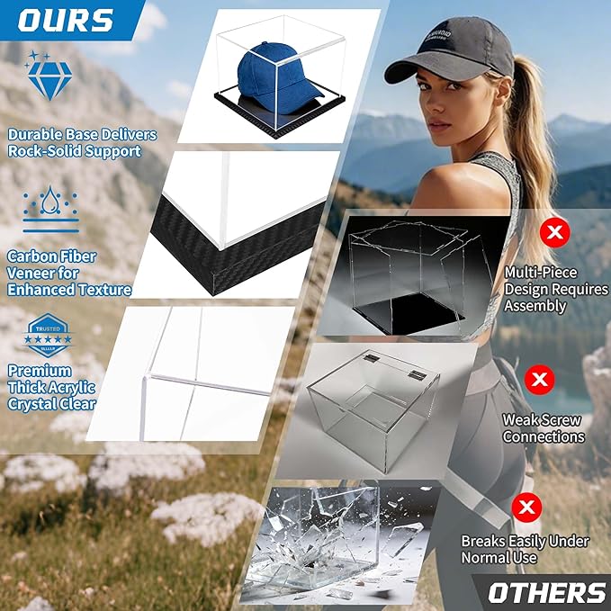 Clear Hat Display Case Acrylic Baseball Cap Holder Stand Transparent Hat Storage Box Dustproof Square UV Protection Cabinet with Carbon Fiber Skin Base and Removable Mirror Base