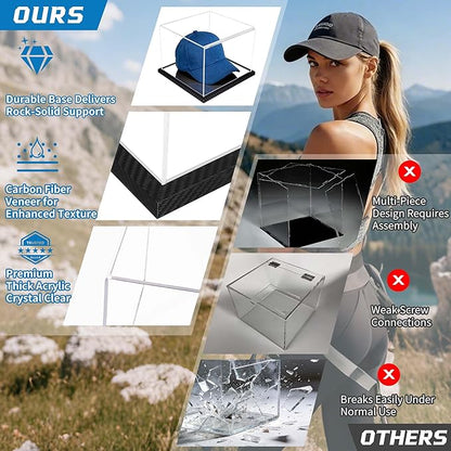Clear Hat Display Case Acrylic Baseball Cap Holder Stand Transparent Hat Storage Box Dustproof Square UV Protection Cabinet with Carbon Fiber Skin Base and Removable Mirror Base