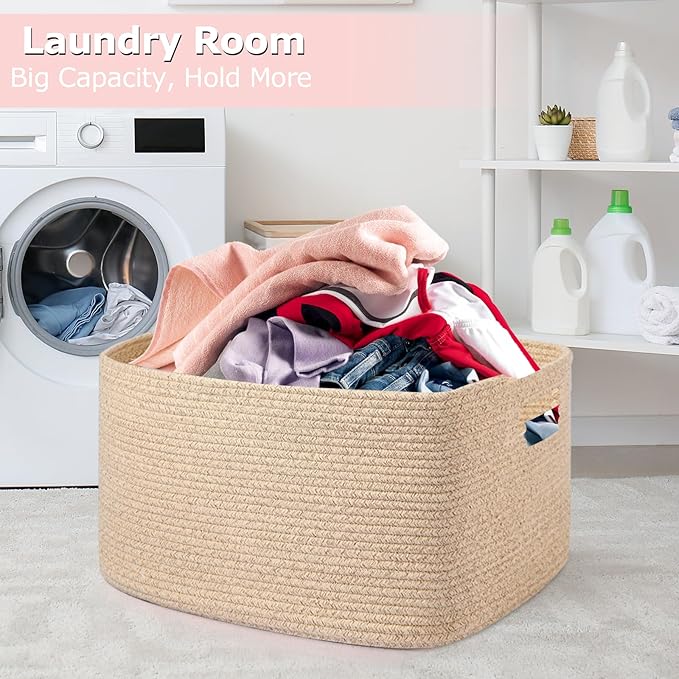 Large 75L Woven Laundry Basket, Collapsible Cotton Rope Storage Hamper for Blankets, Toys, Dirty Clothes, Rectangle Nursery Basket for Living Room, Bedroom, Baby Room - Brown