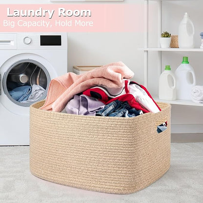 Large 75L Woven Laundry Basket, Collapsible Cotton Rope Storage Hamper for Blankets, Toys, Dirty Clothes, Rectangle Nursery Basket for Living Room, Bedroom, Baby Room - Brown