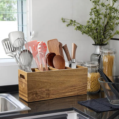 ALELION Acacia Wood Utensil Holder with Removable Divider - 4 Compartment Wooden Utensil Caddy Organizer for Kitchen Counter - Cooking Utensil Crock for Countertop