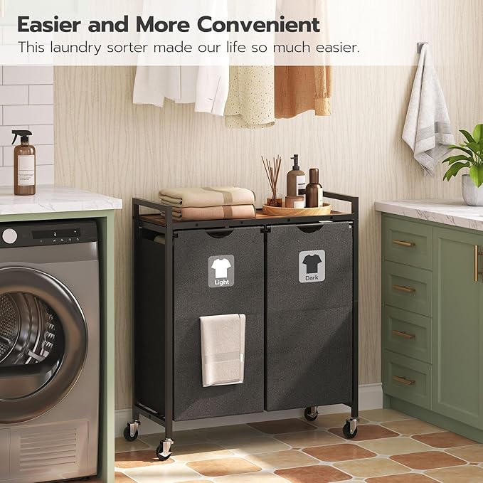 HOOBRO Laundry Hamper, Laundry Sorter 2 Section, 2 × 13 Gal (49.5L), Laundry Basket with Wheels, Rolling Cart, Pull-Out and Removable Oxford Fabric Bags, Rustic Brown and Black BF72XY01
