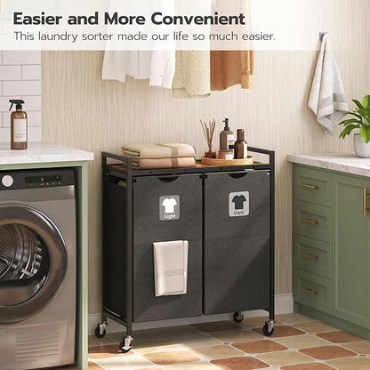 HOOBRO Laundry Hamper, Laundry Sorter 2 Section, 2 × 13 Gal (49.5L), Laundry Basket with Wheels, Rolling Cart, Pull-Out and Removable Oxford Fabric Bags, Rustic Brown and Black BF72XY01