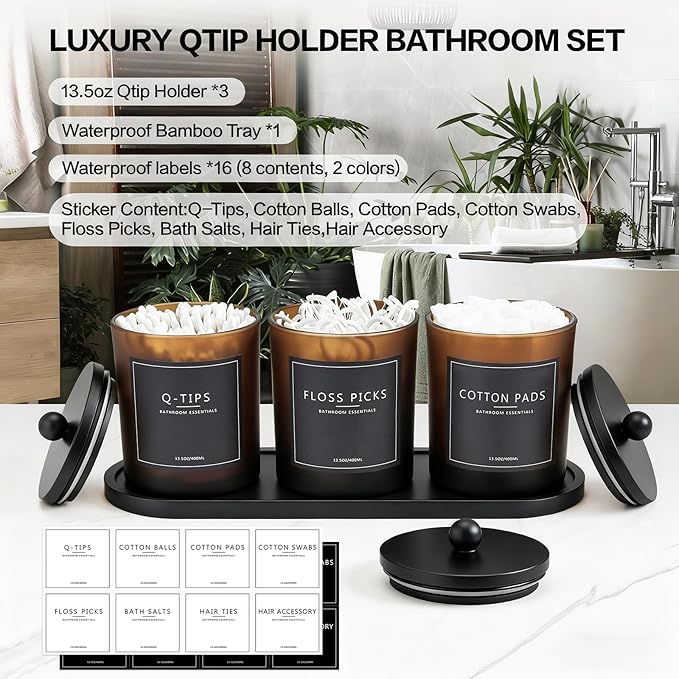 3 Pack Qtip Holder Bathroom Set,Cotton Ball Swab Pad Holder Cotton Round Floss Pick Dispenser with Tray,Glass Apothecary Jars with Lids,Bathroom Organizers and Storage Canisters-Amber