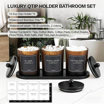 3 Pack Qtip Holder Bathroom Set,Cotton Ball Swab Pad Holder Cotton Round Floss Pick Dispenser with Tray,Glass Apothecary Jars with Lids,Bathroom Organizers and Storage Canisters-Amber