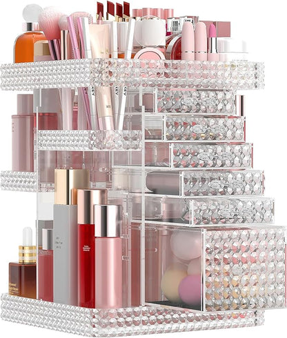 Rotating Makeup Organizer with 6 Drawers[New Updated],DIY Adjustable Make up Organizers and Storage Different Types of Cosmetics and Jewelry,Spinning Perfume Organizer (Plus Size-Clear)