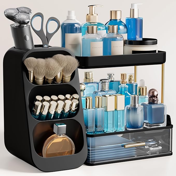 HBlife Bathroom Organizers and Storage with Brush Holder for Vanity, 3 Tier Plastic Makeup Organizer for Dresser Counter, Skincare, Lipstick, Perfume, and Cosmetic Storage, Black