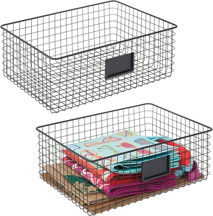 mDesign Wide Steel Wired Storage Organizer Bin Baskets with Label Slot for Kitchen Pantry, Cabinet, Organizing Holder for Food, Drinks, Snacks, Produce, Omaha Collection, 2 Pack, Matte Black