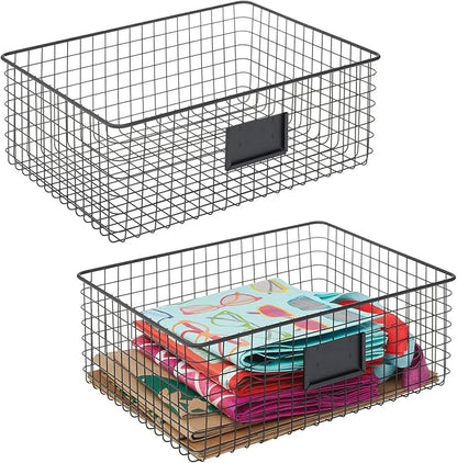 mDesign Wide Steel Wired Storage Organizer Bin Baskets with Label Slot for Kitchen Pantry, Cabinet, Organizing Holder for Food, Drinks, Snacks, Produce, Omaha Collection, 2 Pack, Matte Black