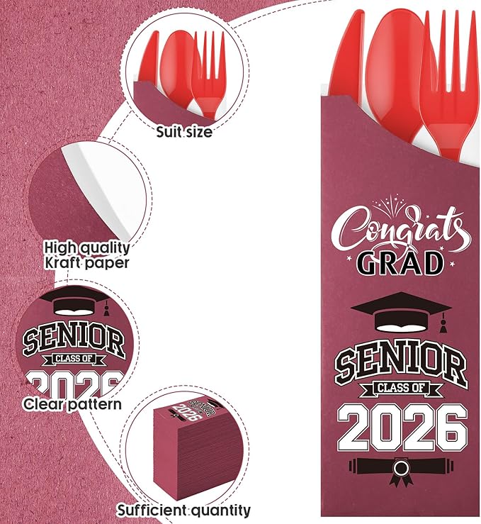 Funnymoom 400 Pcs 2026 Graduation Wrapped Silverware Bags Holder - Disposable Dinnerware Set Includes Plastic Spoons Knives and Forks, Class of 2026 Parties School Congrats Supplies(Burgundy)