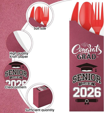 Funnymoom 400 Pcs 2026 Graduation Wrapped Silverware Bags Holder - Disposable Dinnerware Set Includes Plastic Spoons Knives and Forks, Class of 2026 Parties School Congrats Supplies(Burgundy)