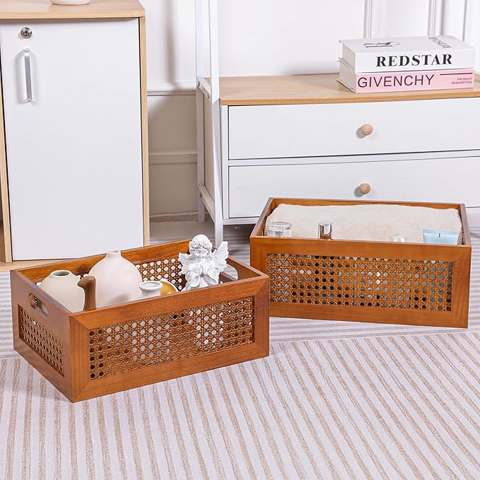 Wooden Storage Basket Set of 2 Handmade Rattan Drawer Storage Box with Frame & Handles Decorative Natural Bamboo Woven Bins Rustic Farmhouse Decor Home Office Tabletop Shelf Organizer
