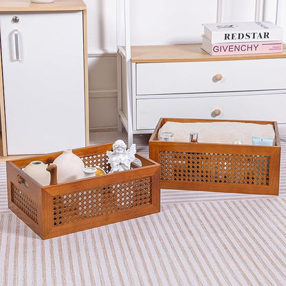 Wooden Storage Basket Set of 2 Handmade Rattan Drawer Storage Box with Frame & Handles Decorative Natural Bamboo Woven Bins Rustic Farmhouse Decor Home Office Tabletop Shelf Organizer