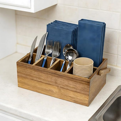 VaeFae Acacia Silverware Caddy with Handle, Wooden Utensil Holder, Mulip-pose Organizer for Kitchen, Office, Bathroom, Bedroom (Large, 5 compartments)
