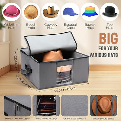 Wonderjune 2 Pcs Hat Storage Box Upgrade Stackable Organizer with Lids Cowboy Hat Box Large Square Bag Foldable Closet Sheet Organizer Travel Container for Men Women(Grey)