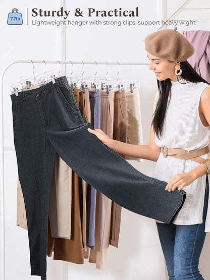 HOUSE DAY Clear Pants Hangers 100 Pack, Non-Slip Plastic Skirt Hanger with 2 Adjustable Clips, Heavy Duty Clip Hangers for Pants, Skirts, Shorts, 14" Clear Hanger, 360-Rotating Swivel Hook