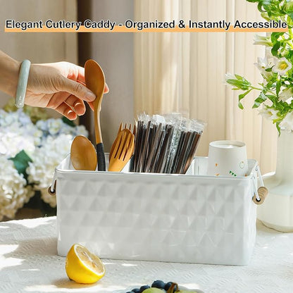Silverware Caddy for Party Kitchen Flatware Holder for Countertop Metal White Diamond Pattern Embossed Cutlery Organizer with 3 Compartments for Utensils, Spoons, Knives, Forks, Cups,