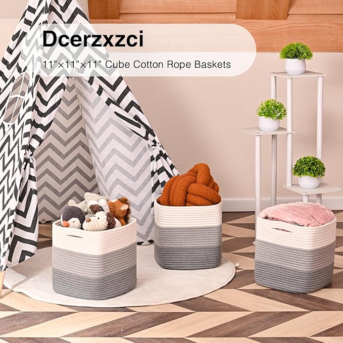 11 Inch Cube Storage Bins, 11x11 Cube Storage Bins for Cube Organizer, Square Cloth Storage Cubes, Woven Storage Baskets for Shelves, Toy Rope Baskets Storage Kids, Gradient Grey (Pack of 3)
