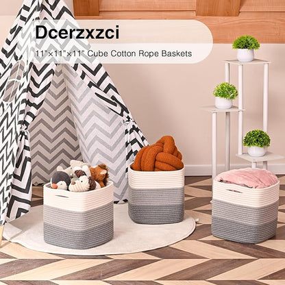 11 Inch Cube Storage Bins, 11x11 Cube Storage Bins for Cube Organizer, Square Cloth Storage Cubes, Woven Storage Baskets for Shelves, Toy Rope Baskets Storage Kids, Gradient Grey (Pack of 3)