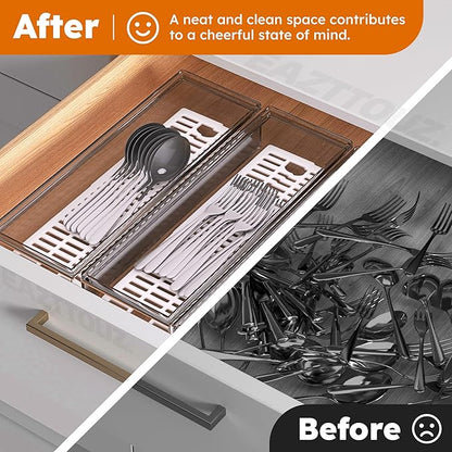 2 Pack Clear Silverware organizer with lid, Plastic Flatware Storage Box, Kitchen Drawer Organizer tray, Cutlery Utensil Holder