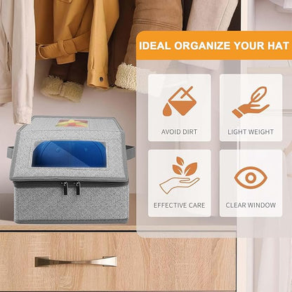 Xixter Stackable Hat Organizer for Baseball Caps- 2 PCS Featuring a Transparent Viewing Window, Hat Organizer for Closet, Holds up to 30 Caps, with Cardboard Inserts,Light Grey