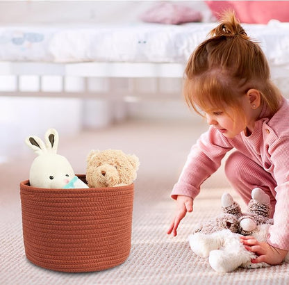 XUANGUO Woven Cotton Storage Baskets - 3-Pack Round Bins (10x10x7'') for Shelves, Closets & Bookcases | Durable Rope Organizers for Nursery, Baby, Toys, Easter & More (rustic)