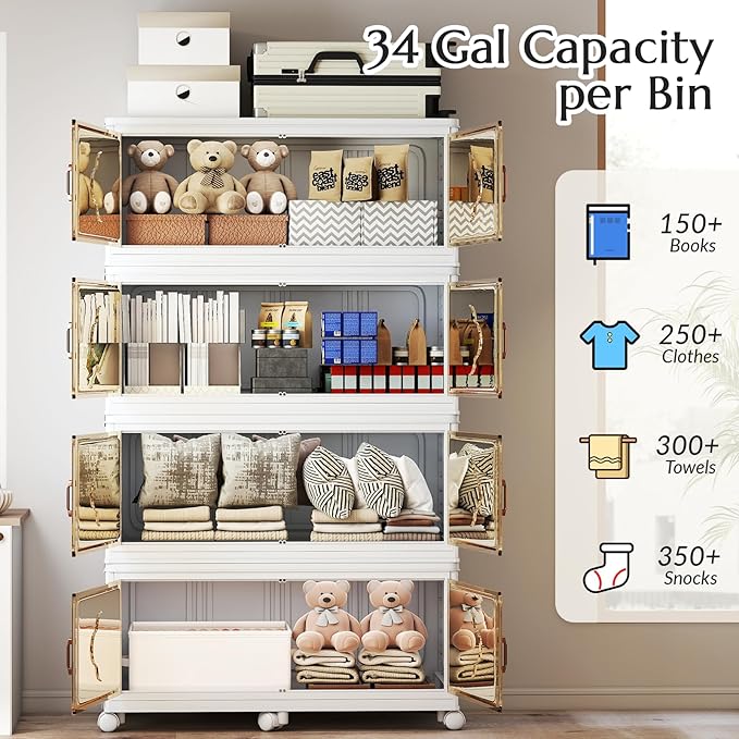Stackable Storage Bins with Lid & Wheels, 136 Gal/544 Qt Extra Large Plastic Storage Containers, Foldable Collapsible Organizer Box for Garage, Pantry, Closet (4-Pack, Cream White)