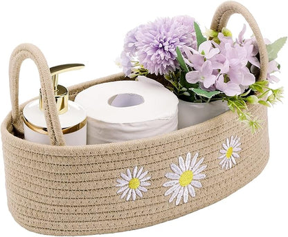 Vesici Daisy Toilet Paper Basket Boho Woven Cotton Rope Bathroom Countertop Organizer with Handle Beige Bathroom Storage Decor for Toilet Closet Bedroom Nursery Toys Organizing, 13 x 6 x 4 Inch