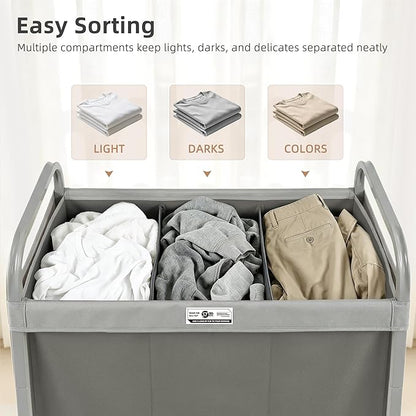 STORAGE MANIAC 3 Section Laundry Sorter, 60 Gal. Laundry Hamper Cart with Heavy Duty Rolling Lockable Wheels and Removable Bags, Clothes Organizer Basket Clothes Separator Hamper, Gray with Lid