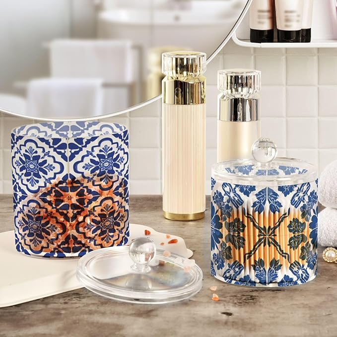 2 Pack Qtip Dispenser Apothecary Jars with Lids Cotton Round Holder Bathroom Canisters for Cotton Swab Floss Ball Pads Clear Plastic Decorative Floral Blue and White Tile