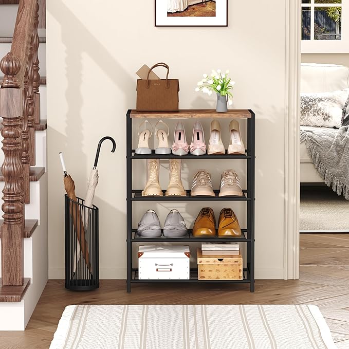 HOMEFORT 5-Tier Shoe Rack, Shoe Storage Shelf with MDF Top Board, Shoe Rack Organizer, Each Tier Fits 3 Pairs, Entryway Shoe Stand with Sturdy Shelves, Rustic Brown